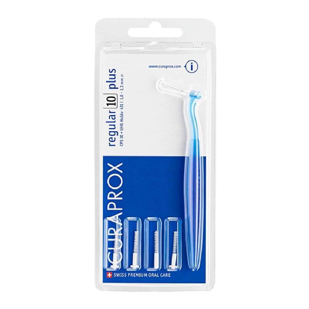 Set di spazzolini interdentali in blister. Include supporto e spazzolini. Manici blu, setole trasparenti. Marchio CURAPROX.