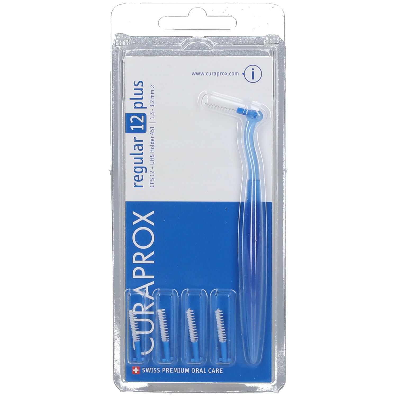 CURAPROX Regular 12 plus. Confezione blister con manico blu e 3 ricariche. Nome del prodotto e logo visibili.