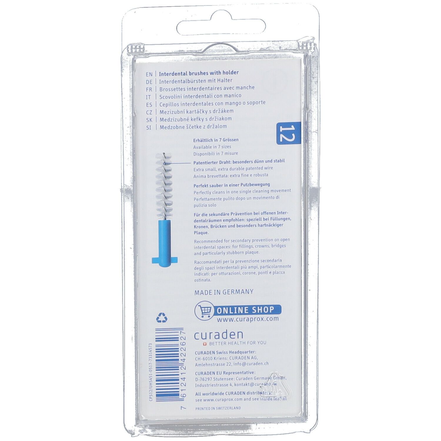 Retro della confezione CURAPROX Regular 12 plus. Testo multilingue. Nome del prodotto e logo.