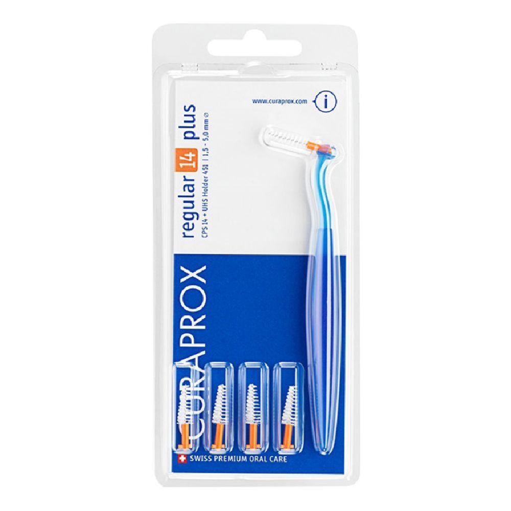 Ensemble de brosses interdentaires en blister. Comprend un manche et quatre têtes. Manches bleus, brins oranges. Marque Curaprox.