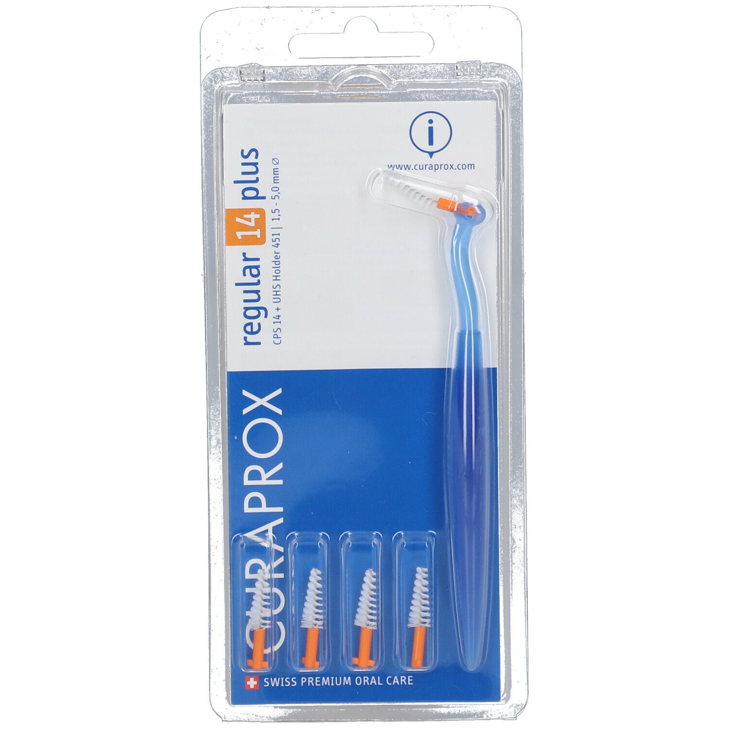 Ensemble de brosses interdentaires en blister. Comprend un manche et trois têtes. Manches bleus, brins oranges. Marque Curaprox.