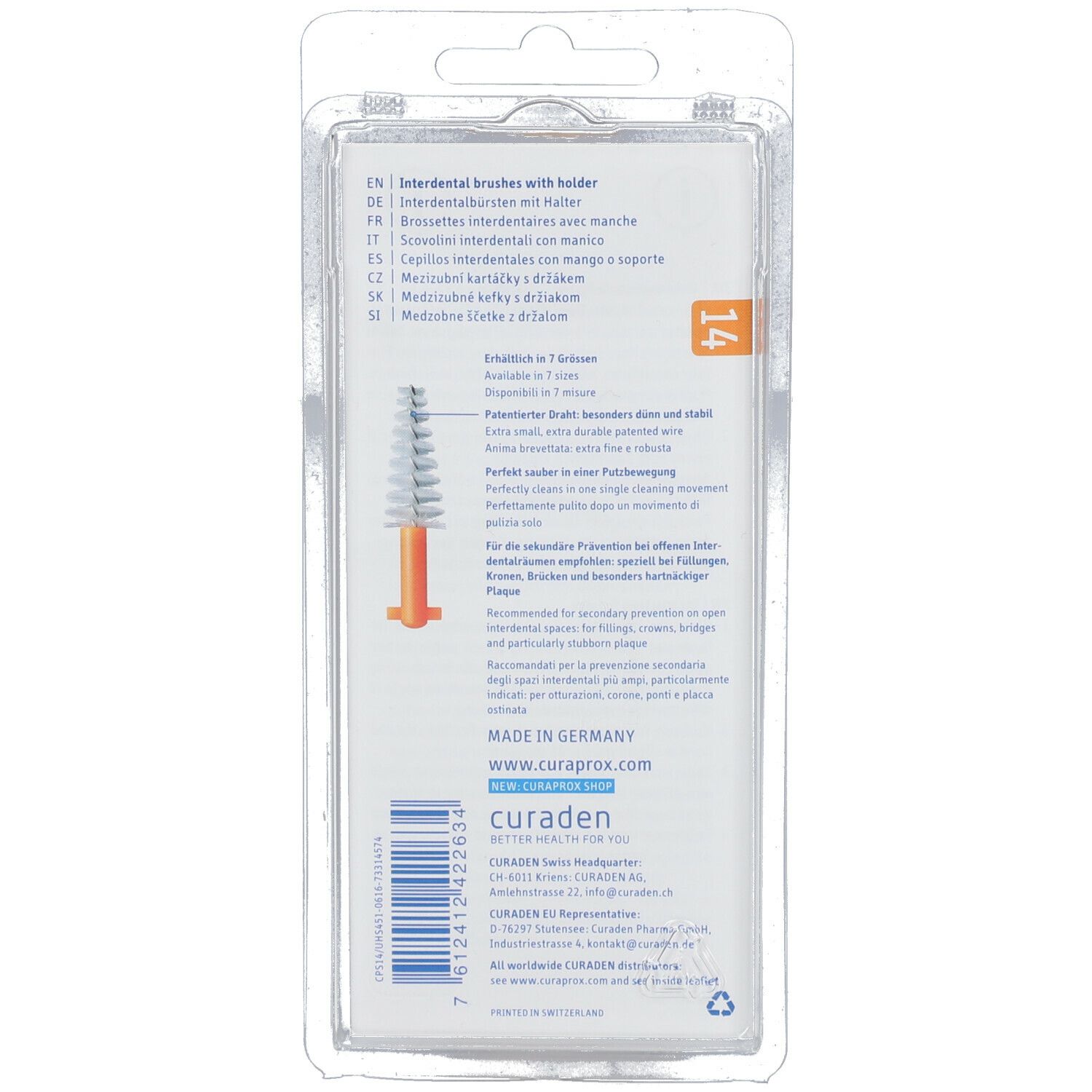 Dos de l'emballage blister avec informations produit. Texte multilingue. Contient des informations sur les brosses et le fabricant.