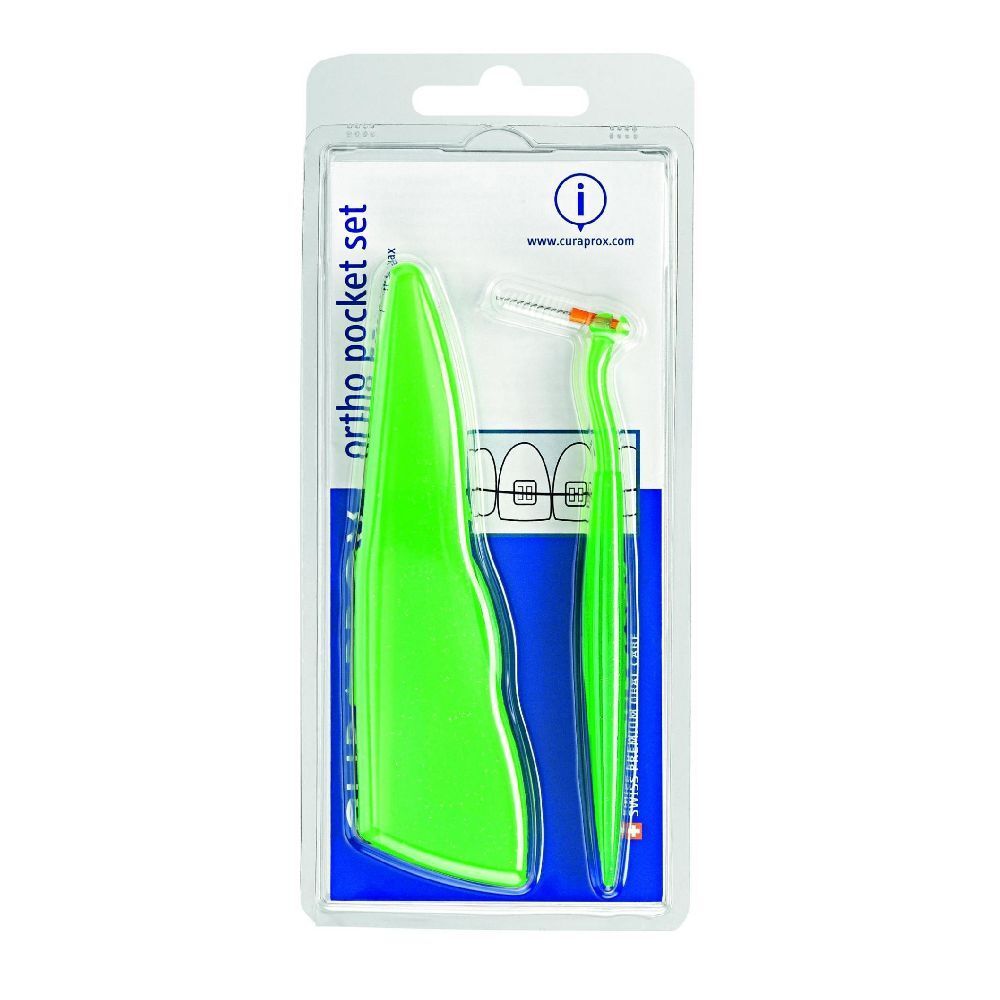 Set verde per pulizia interdentale. Include supporto e spazzolino, confezione blister.