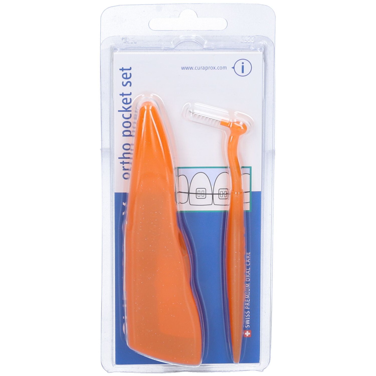 Set arancione per pulizia interdentale. Include supporto e spazzolino, confezione blister.