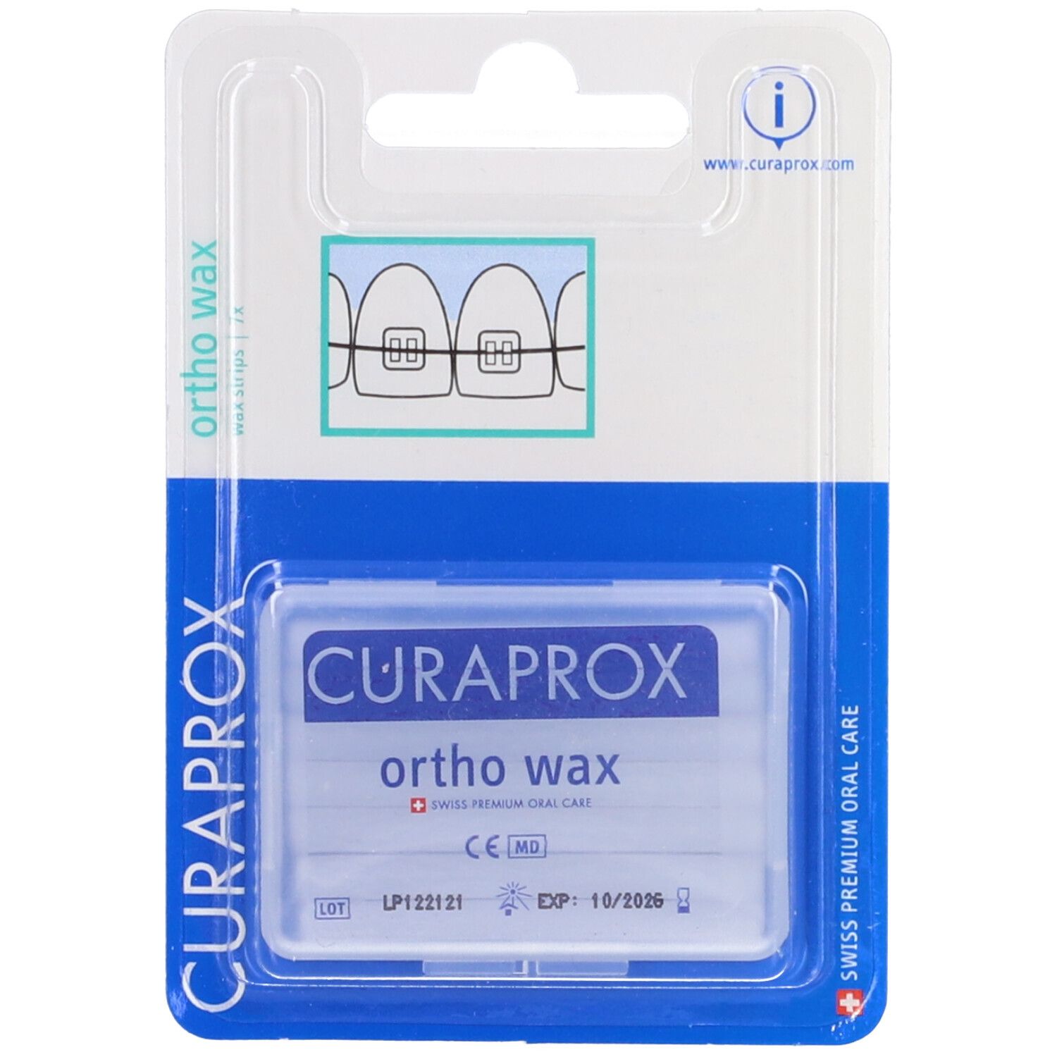 Confezione blister con prodotto. Scritta CURAPROX, ortho wax. Illustrazione apparecchio dentale. Marchio CE.