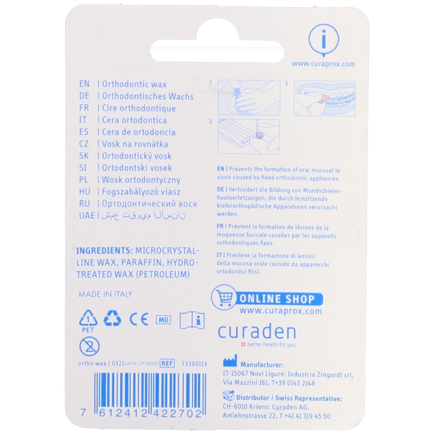 Retro della confezione. Testo multilingue. Contiene ingredienti. Marchio CE. Indirizzo produttore e distributore.