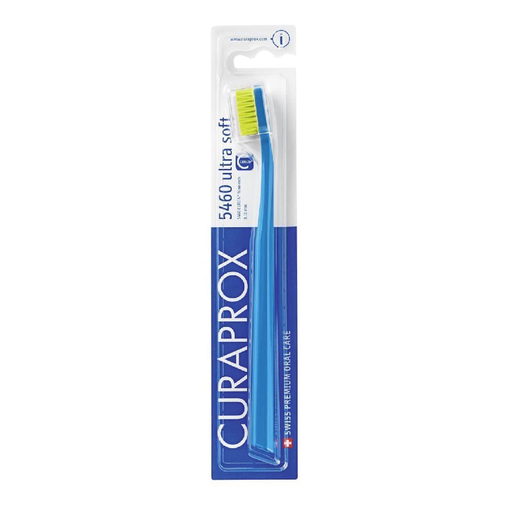 Spazzolino CURAPROX CS 5460 Ultra Soft, blu, setole gialle, confezione.