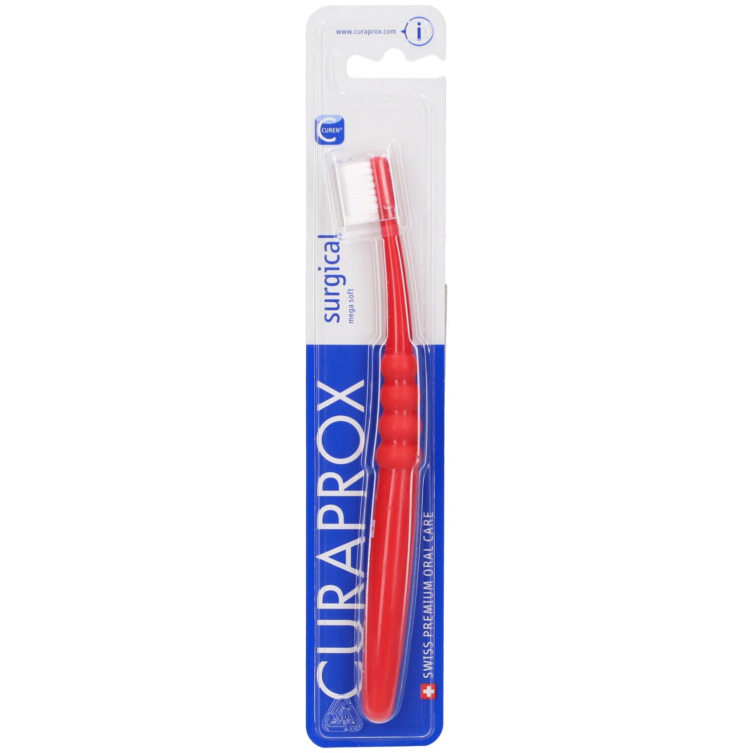 Spazzolino rosso in confezione blister. Testina bianca, manico ergonomico. Marchio Curaprox, scritta 'surgical mega soft'.