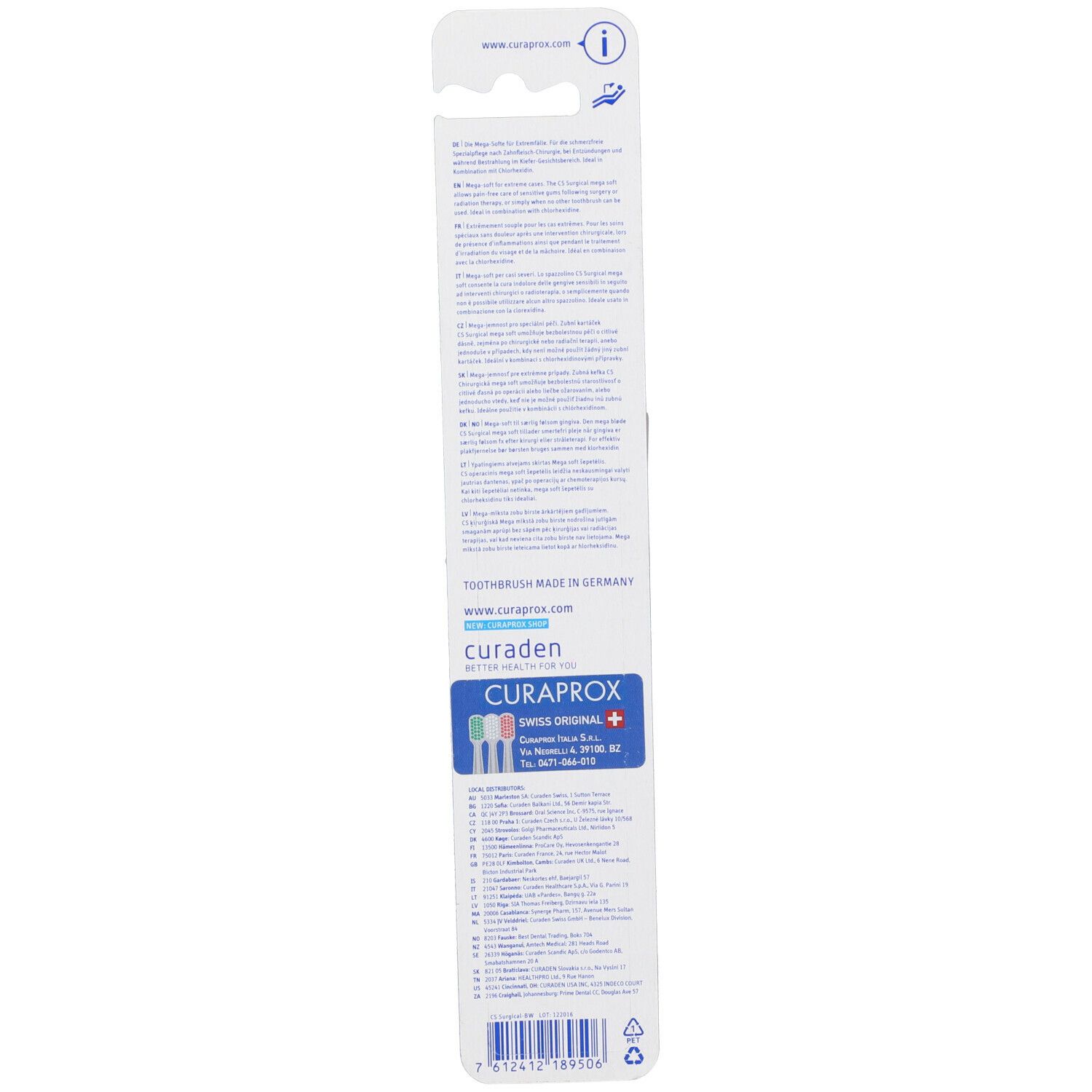 Retro della confezione blister. Testo multilingue. Marchio Curaprox, logo e informazioni.