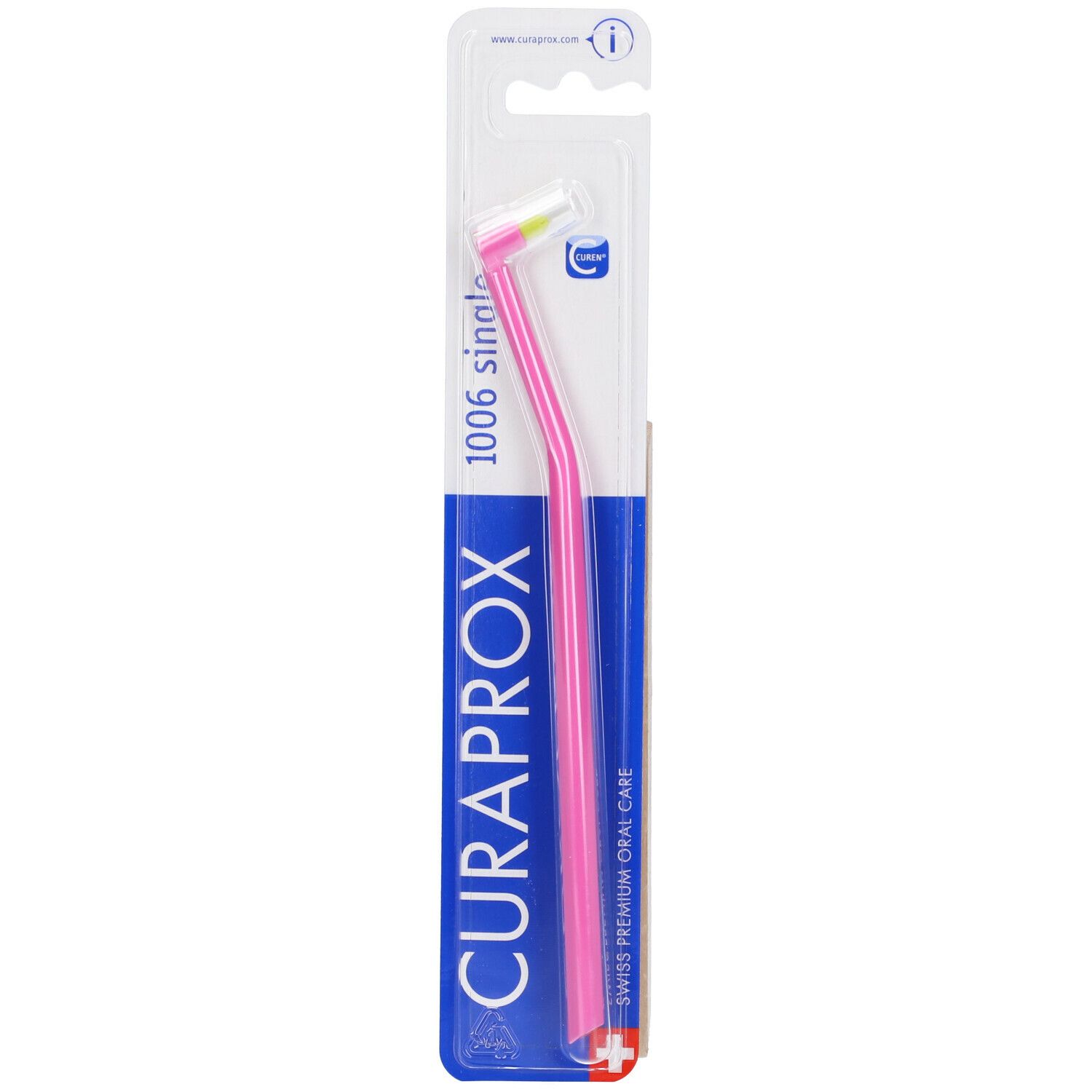 Spazzolino Curaprox CS 1006 single, rosa, in blister. Scritte: CURAPROX, 1006 single.