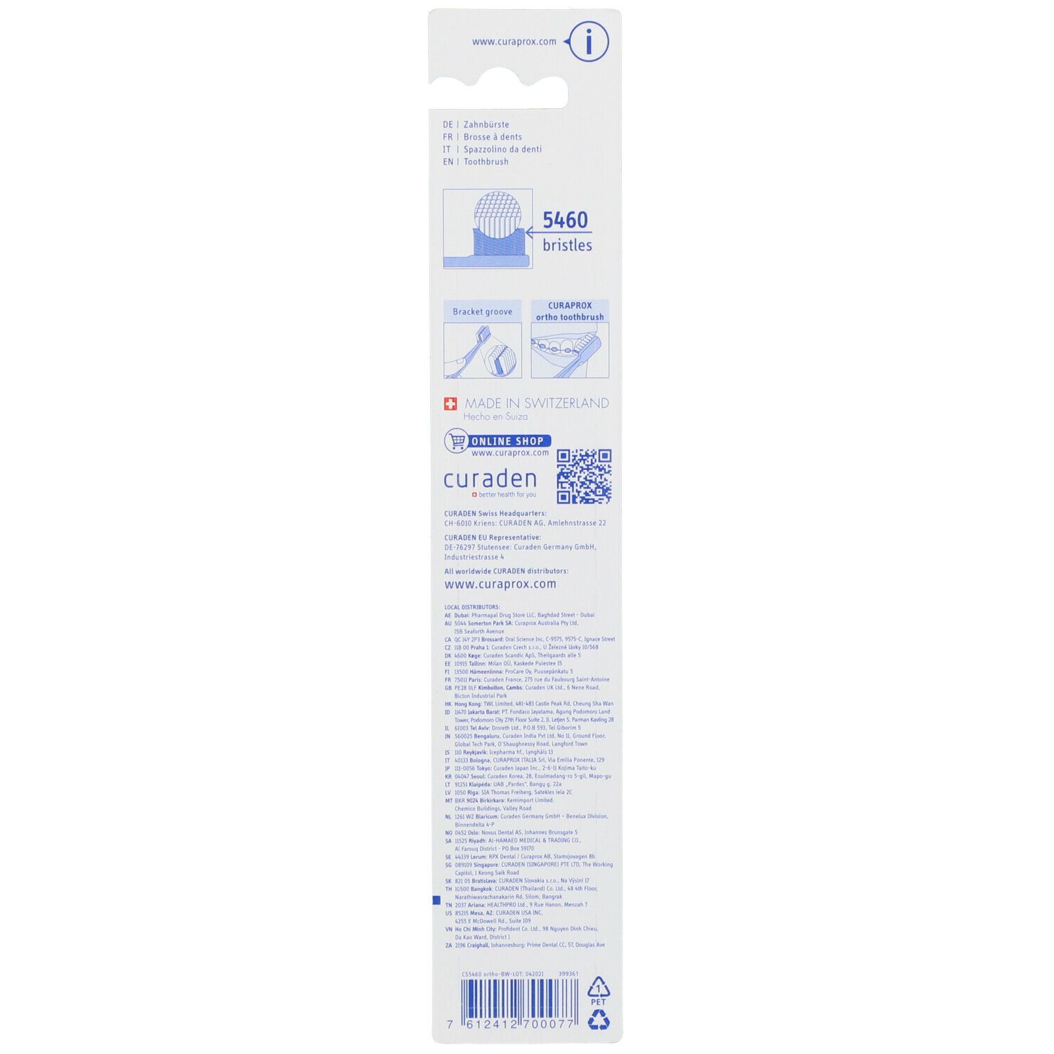 Retro confezione spazzolino. Testo: 5460 setole, Made in Switzerland, codice QR.