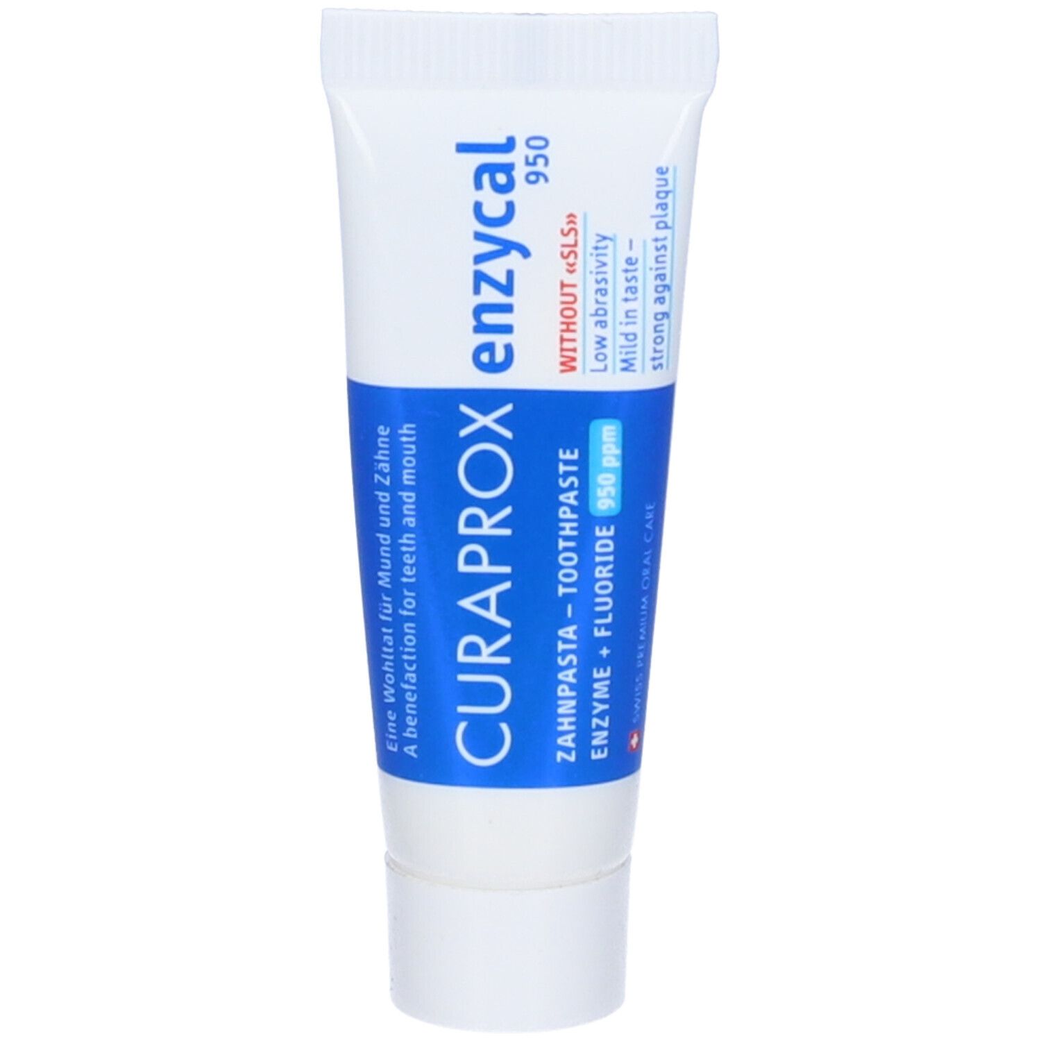 Tubo di dentifricio bianco e blu. Scritta: Curaprox Enzycal, dentifricio, fluoruro. Senza SLS. Bassa abrasività.