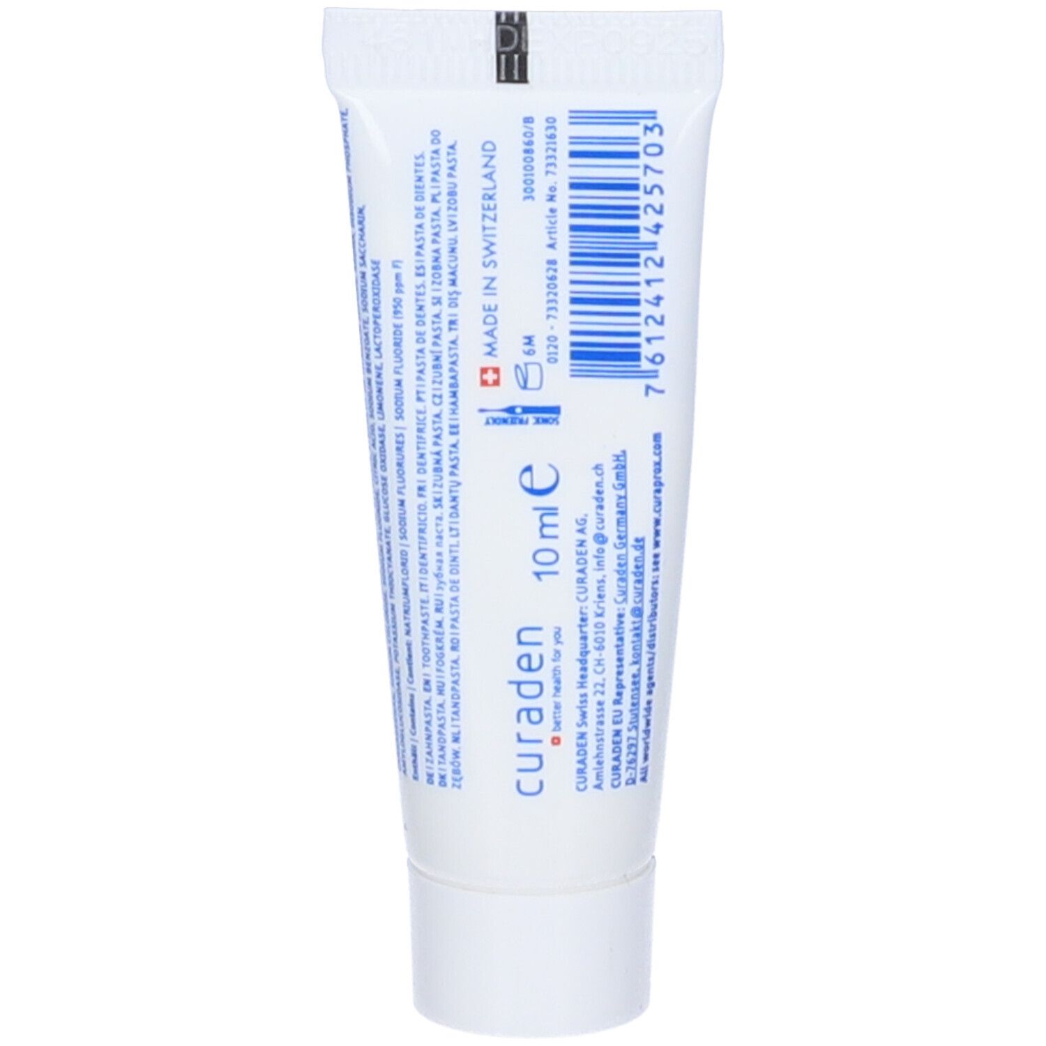 Retro del tubetto di dentifricio. Contiene ingredienti, informazioni del produttore, 10 ml, Made in Switzerland.