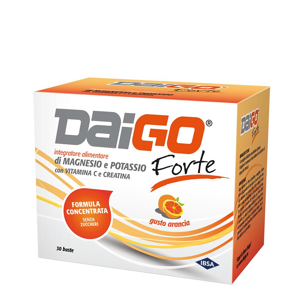 Confezione DAIGO Forte. Magnesio, potassio, vitamina C e creatina. Gusto arancia. 30 bustine. Formula concentrata.