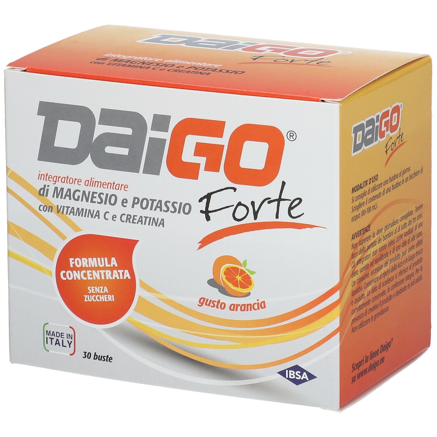 Confezione DAIGO Forte. Magnesio, potassio, vitamina C e creatina. Gusto arancia. 30 bustine. Prodotto in Italia.