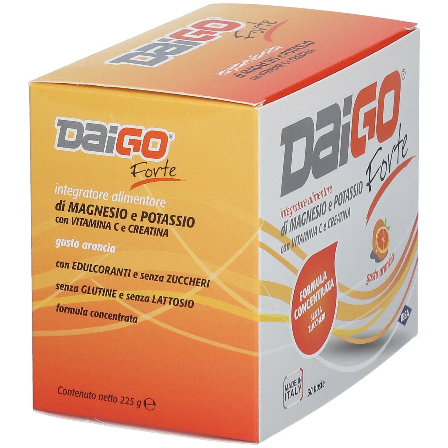 Confezione DAIGO Forte. Magnesio, potassio, vitamina C e creatina. Gusto arancia. Senza glutine e lattosio. 225g.