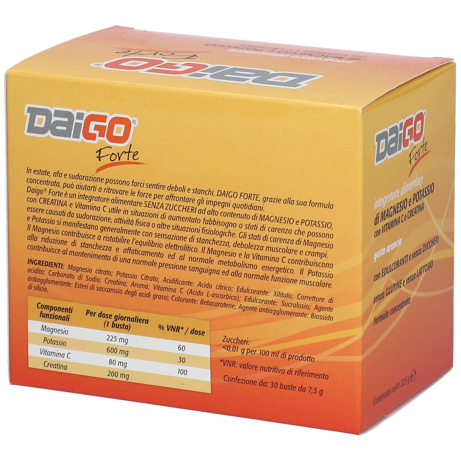 Retro della confezione DAIGO Forte. Ingredienti, informazioni nutrizionali e istruzioni per l'uso. 30 bustine.