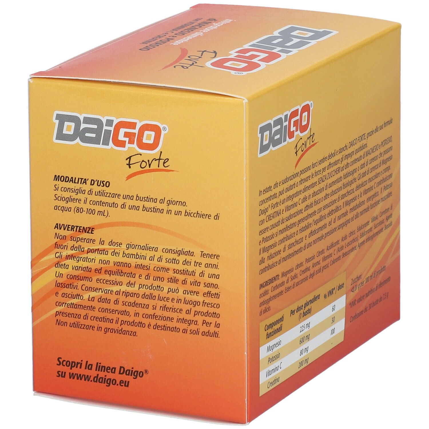 Retro della confezione DAIGO Forte. Istruzioni per l'uso e avvertenze. 30 bustine.