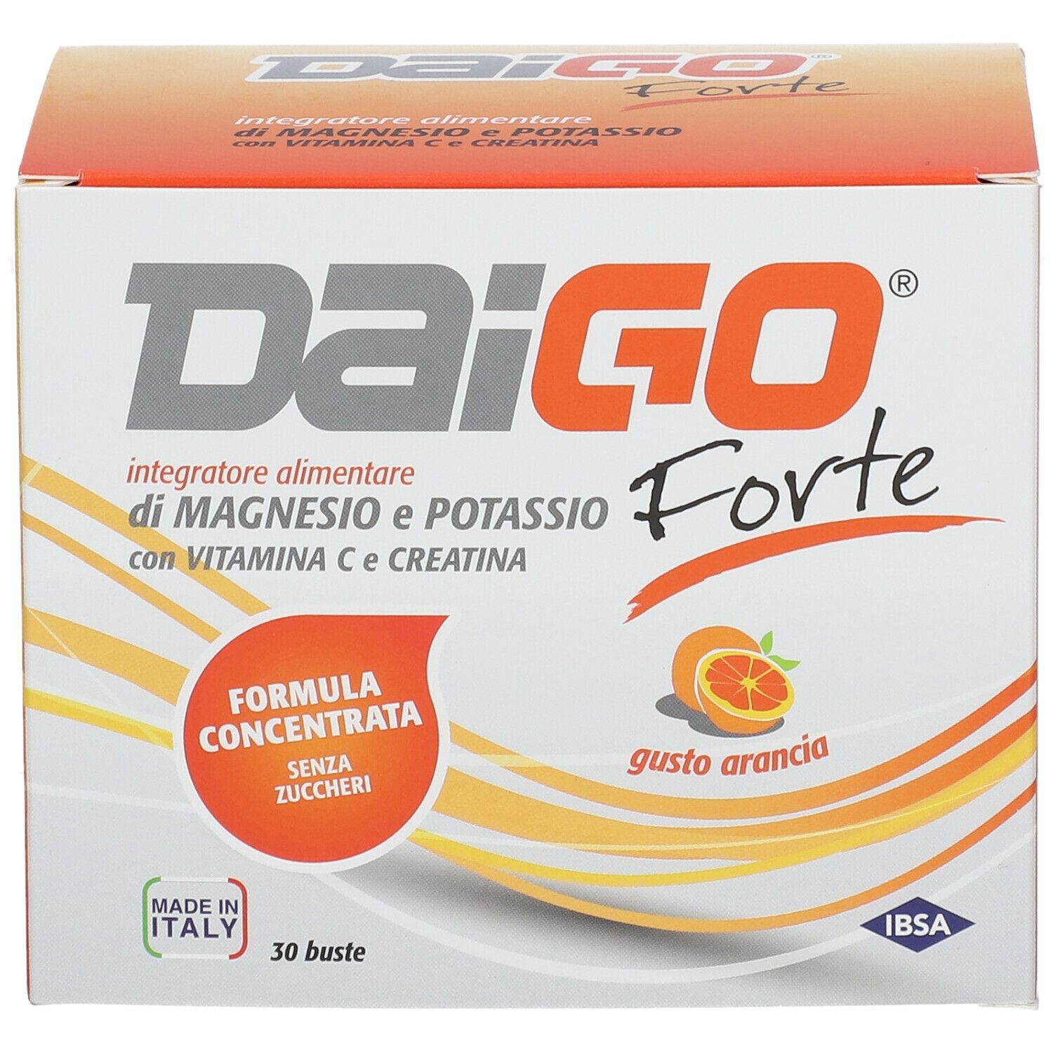 Confezione DAIGO Forte. Magnesio, potassio, vitamina C e creatina. Gusto arancia. 30 bustine. Formula concentrata.