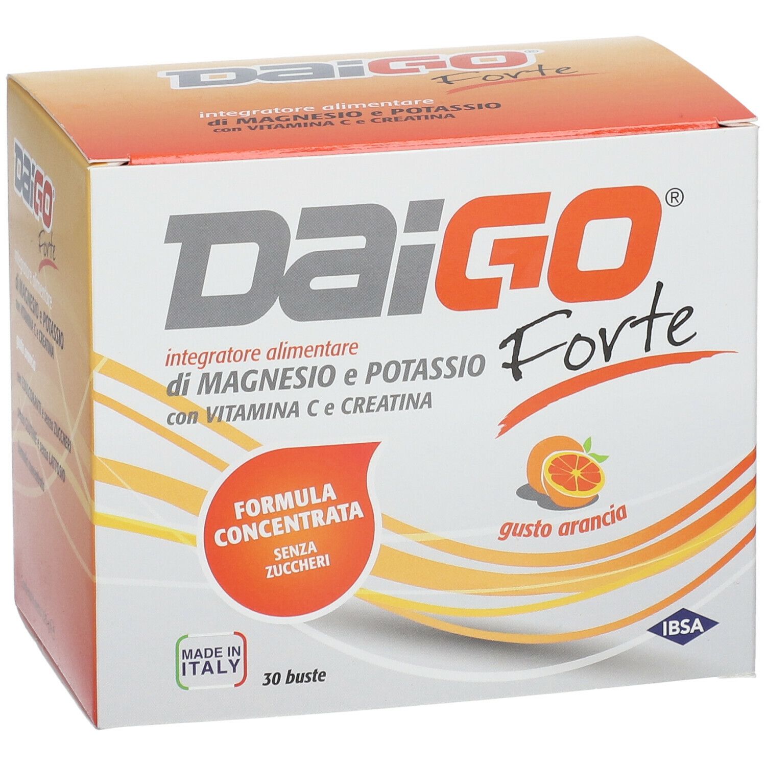 Confezione DAIGO Forte. Magnesio, potassio, vitamina C e creatina. Gusto arancia. 30 bustine. Formula concentrata.