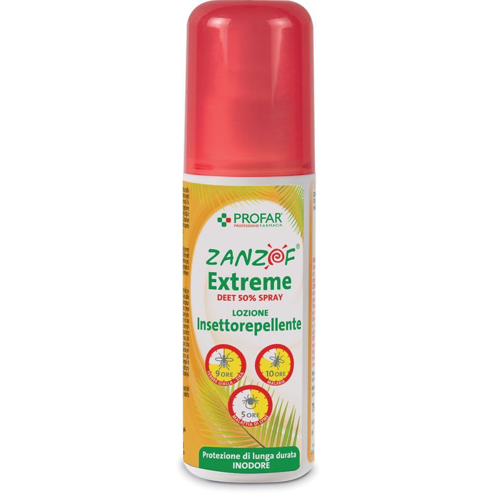 Flacone cilindrico con tappo rosso. Scritta: ZANZOF Extreme, DEET 50% Spray, Insettorepellente. Marchio: PROFAR.
