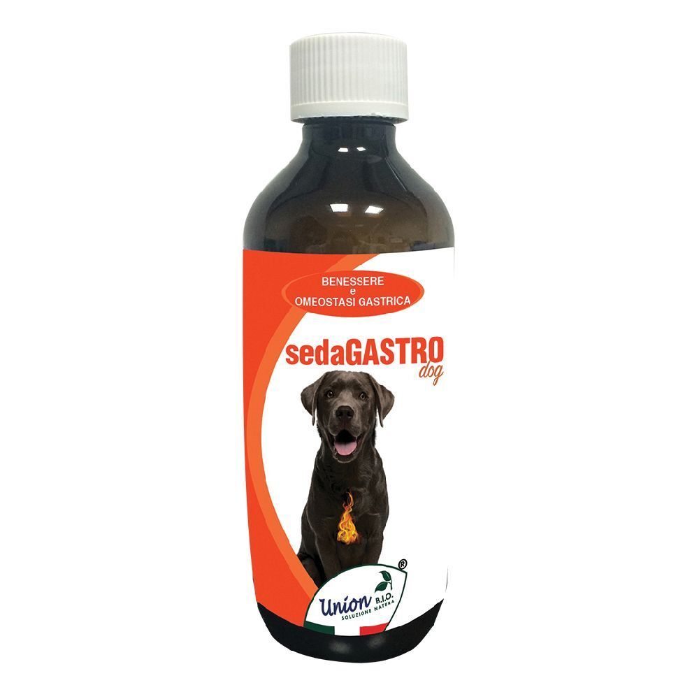 Flacone marrone con tappo bianco. Etichetta con nome prodotto: sedaGASTRO dog. Immagine di un cane.