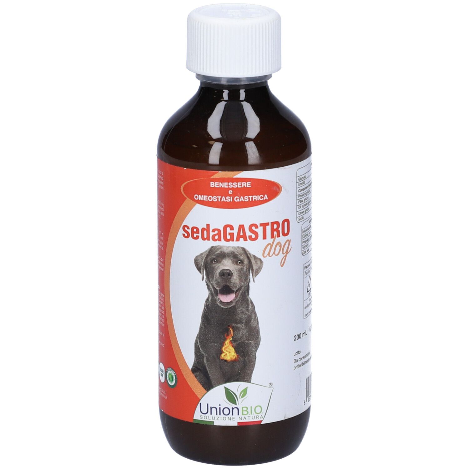 Flacone marrone con tappo bianco. Etichetta con nome prodotto: sedaGASTRO dog. Immagine di un cane.