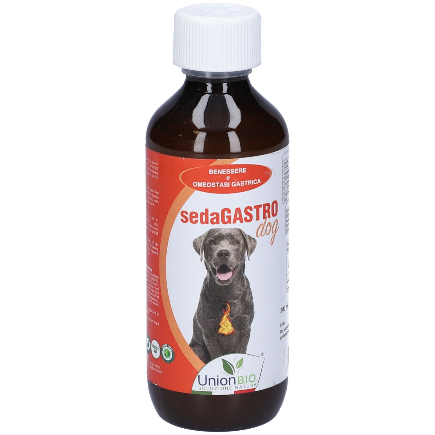 Flacone marrone con tappo bianco. Etichetta con nome prodotto: sedaGASTRO dog. Immagine di un cane.