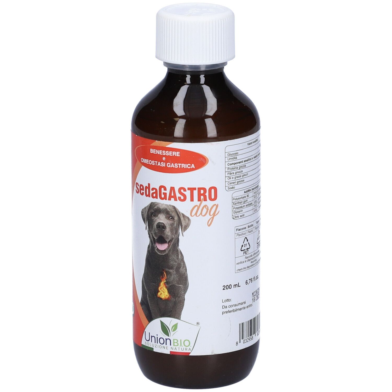 Flacone marrone con tappo bianco. Etichetta con nome prodotto: sedaGASTRO dog. Immagine di un cane.