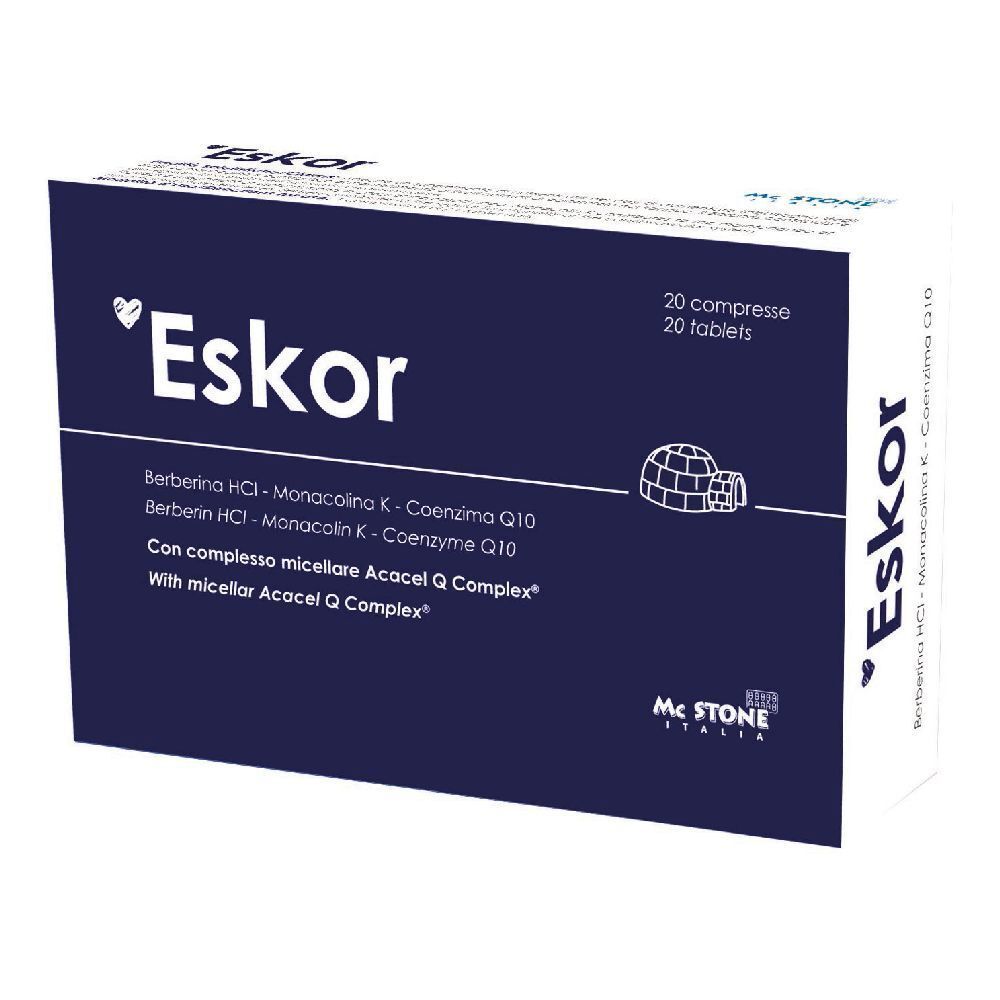 Scatola di compresse Eskor. Fronte blu con testo bianco. Contiene 20 compresse. Mc Stone Italia.