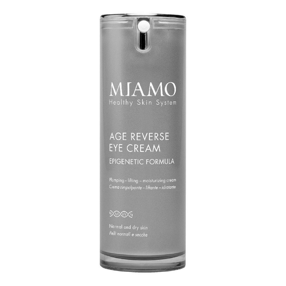 Flacone grigio Miamo Age Reverse Eye Cream. Testo: Healthy Skin System, crema occhi, per pelli normali e secche.