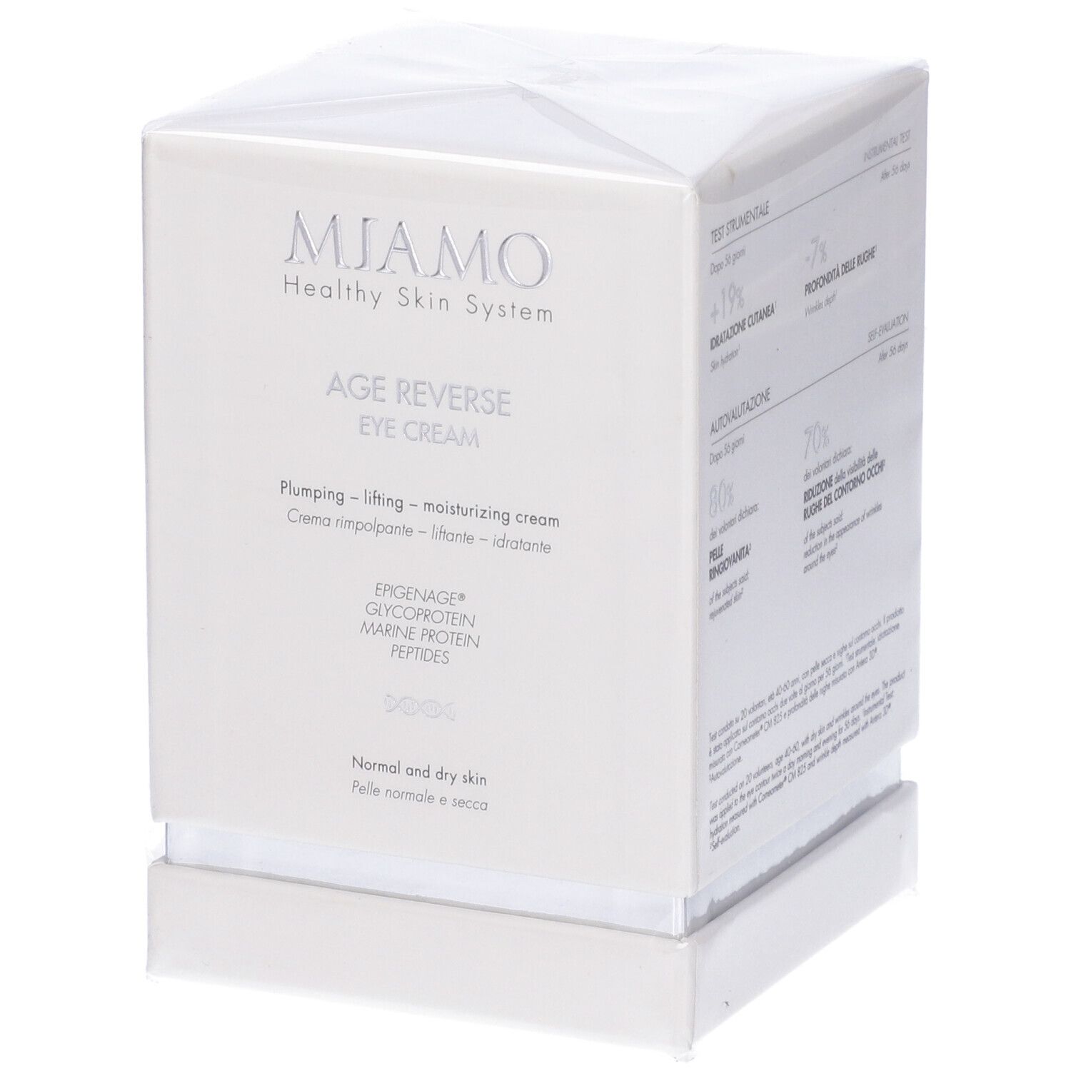 Scatola bianca Miamo Age Reverse Eye Cream. Testo: Healthy Skin System, crema occhi, per pelli normali e secche. Confezione.