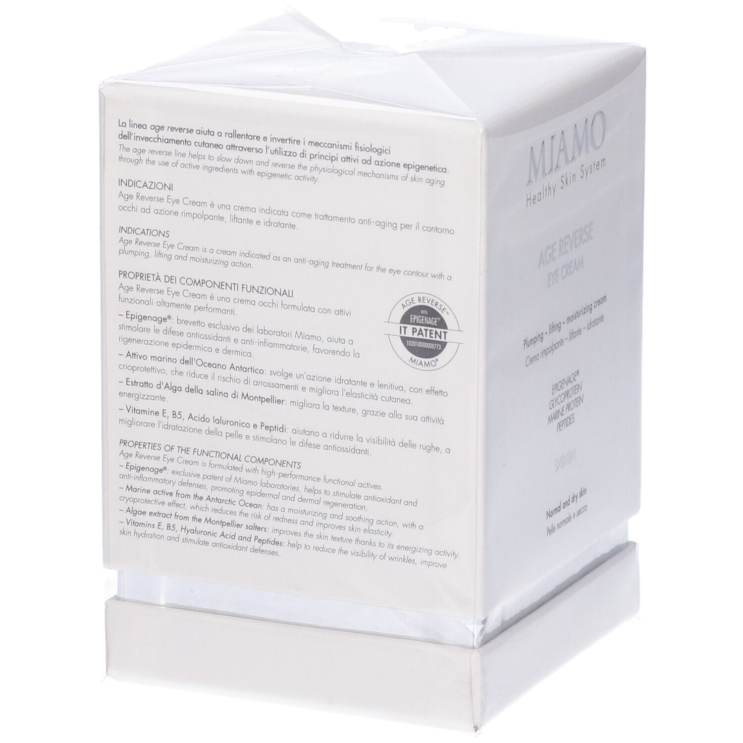 Scatola bianca Miamo Age Reverse Eye Cream. Testo: Healthy Skin System, crema occhi, per pelli normali e secche. Retro.