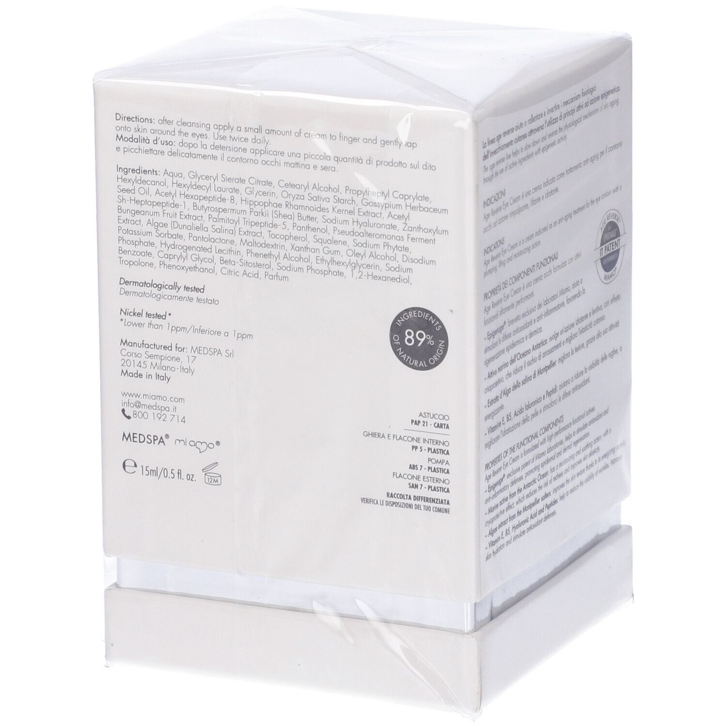 Scatola bianca Miamo Age Reverse Eye Cream. Testo: Healthy Skin System, crema occhi, per pelli normali e secche. Dettaglio.