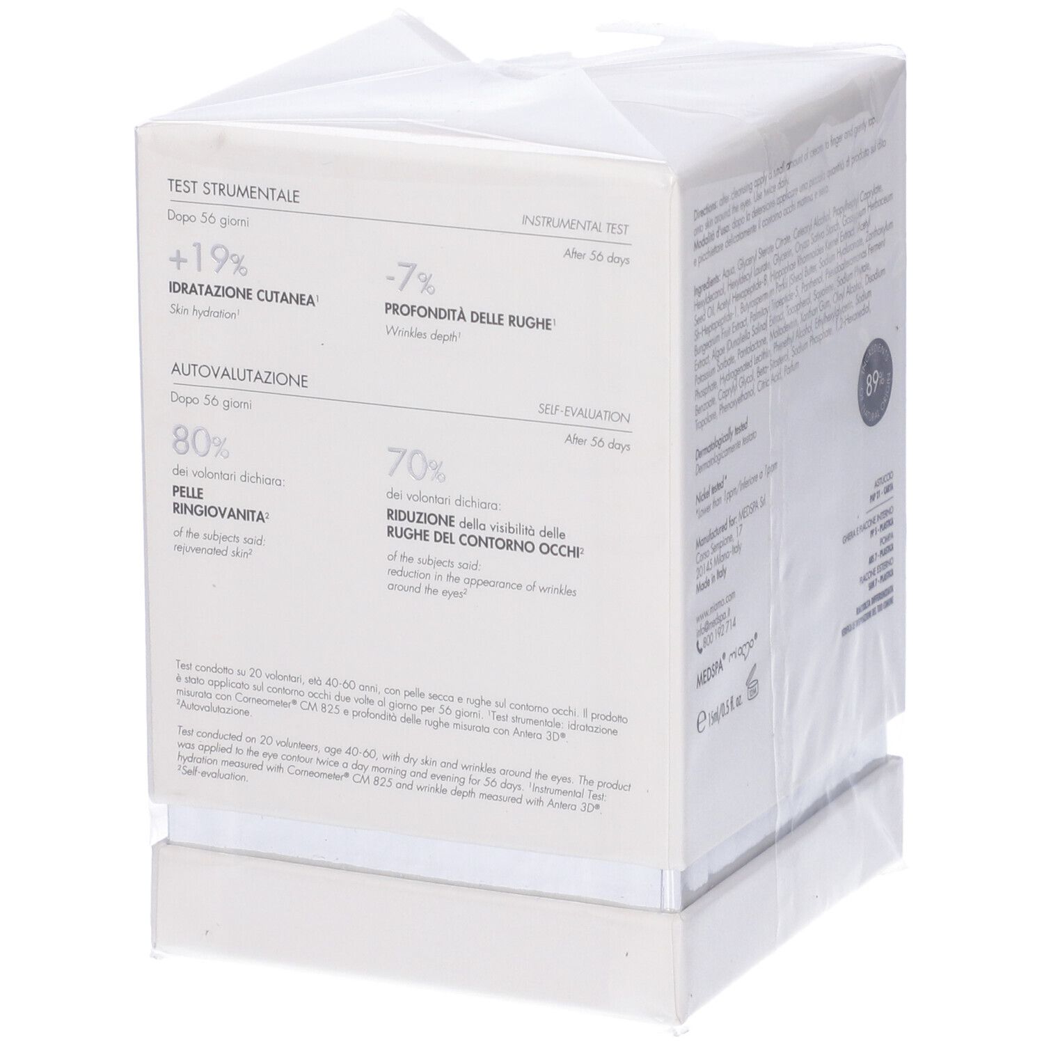 Scatola bianca Miamo Age Reverse Eye Cream. Testo: Healthy Skin System, crema occhi, per pelli normali e secche. Dettaglio.