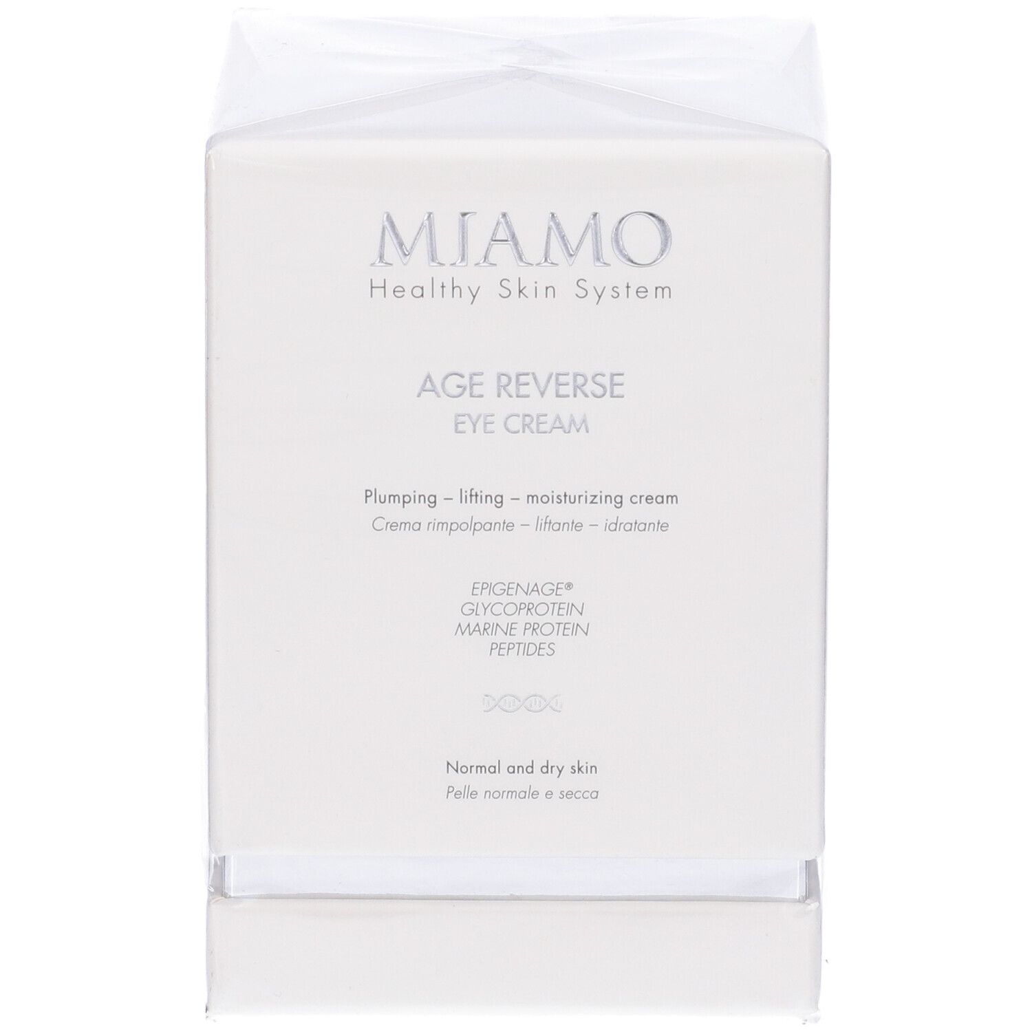 Scatola bianca Miamo Age Reverse Eye Cream. Testo: Healthy Skin System, crema occhi, per pelli normali e secche. Confezione.