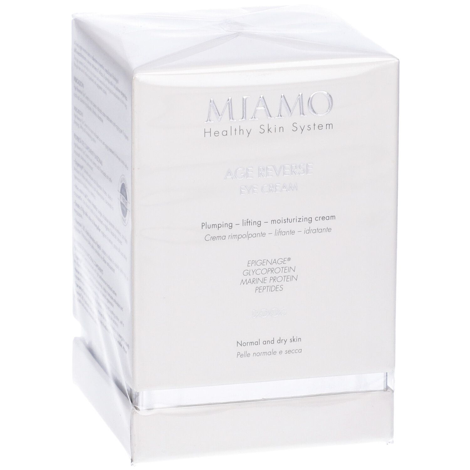 Scatola bianca Miamo Age Reverse Eye Cream. Testo: Healthy Skin System, crema occhi, per pelli normali e secche. Confezione.