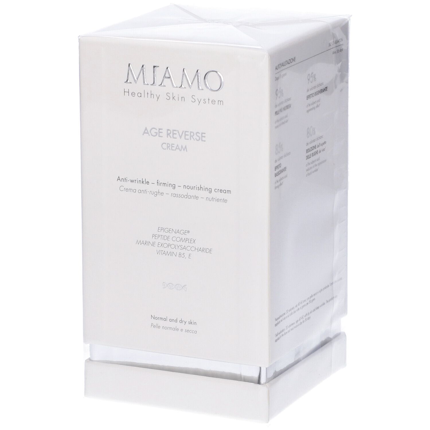 Confezione bianca. Marchio Miamo, Age Reverse Cream. Anti-rughe, rassodante, nutriente. Per pelli normali e secche.