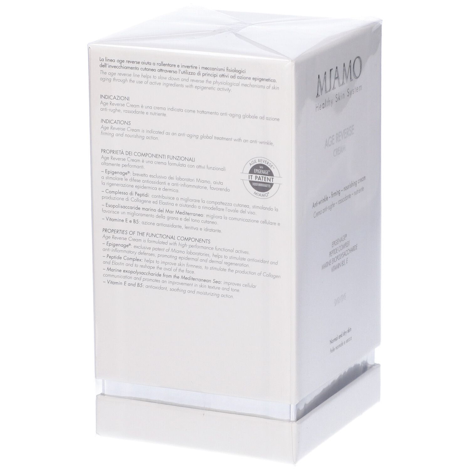 Confezione bianca. Marchio Miamo, Age Reverse Cream. Informazioni sul prodotto e ingredienti. Testo multilingue.