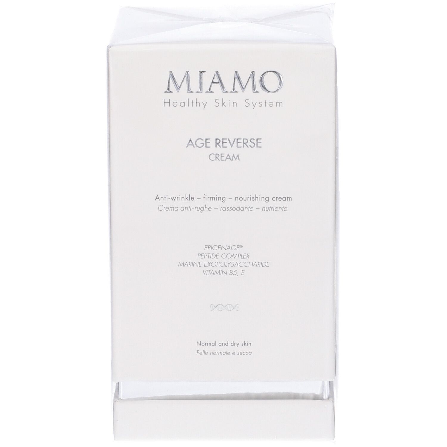 Confezione bianca. Marchio Miamo, Age Reverse Cream. Anti-rughe, rassodante, nutriente. Per pelli normali e secche.