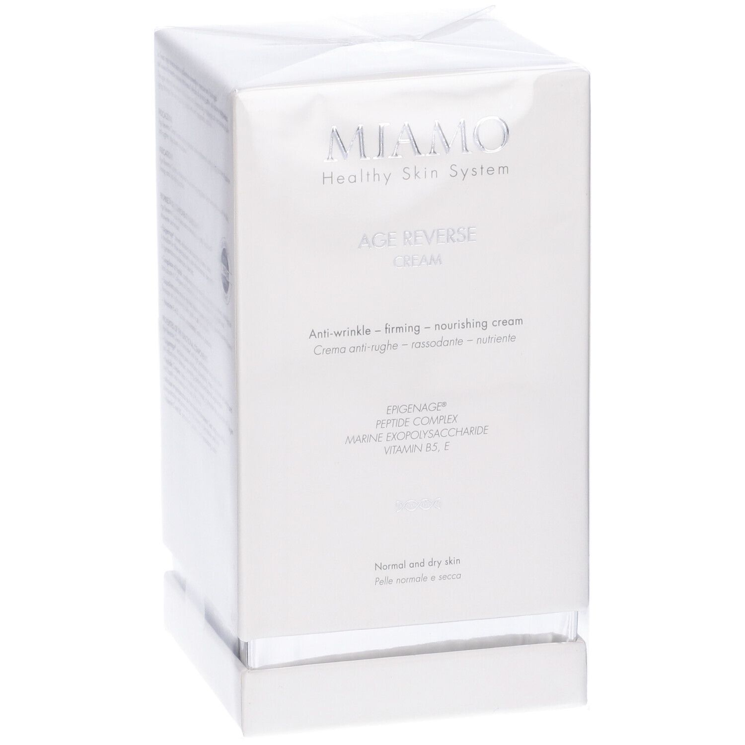 Confezione bianca. Marchio Miamo, Age Reverse Cream. Anti-rughe, rassodante, nutriente. Per pelli normali e secche.