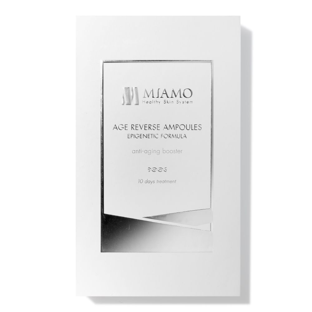 Confezione del prodotto. Marchio Miamo, nome Age Reverse Ampoules. Trattamento 10 giorni.