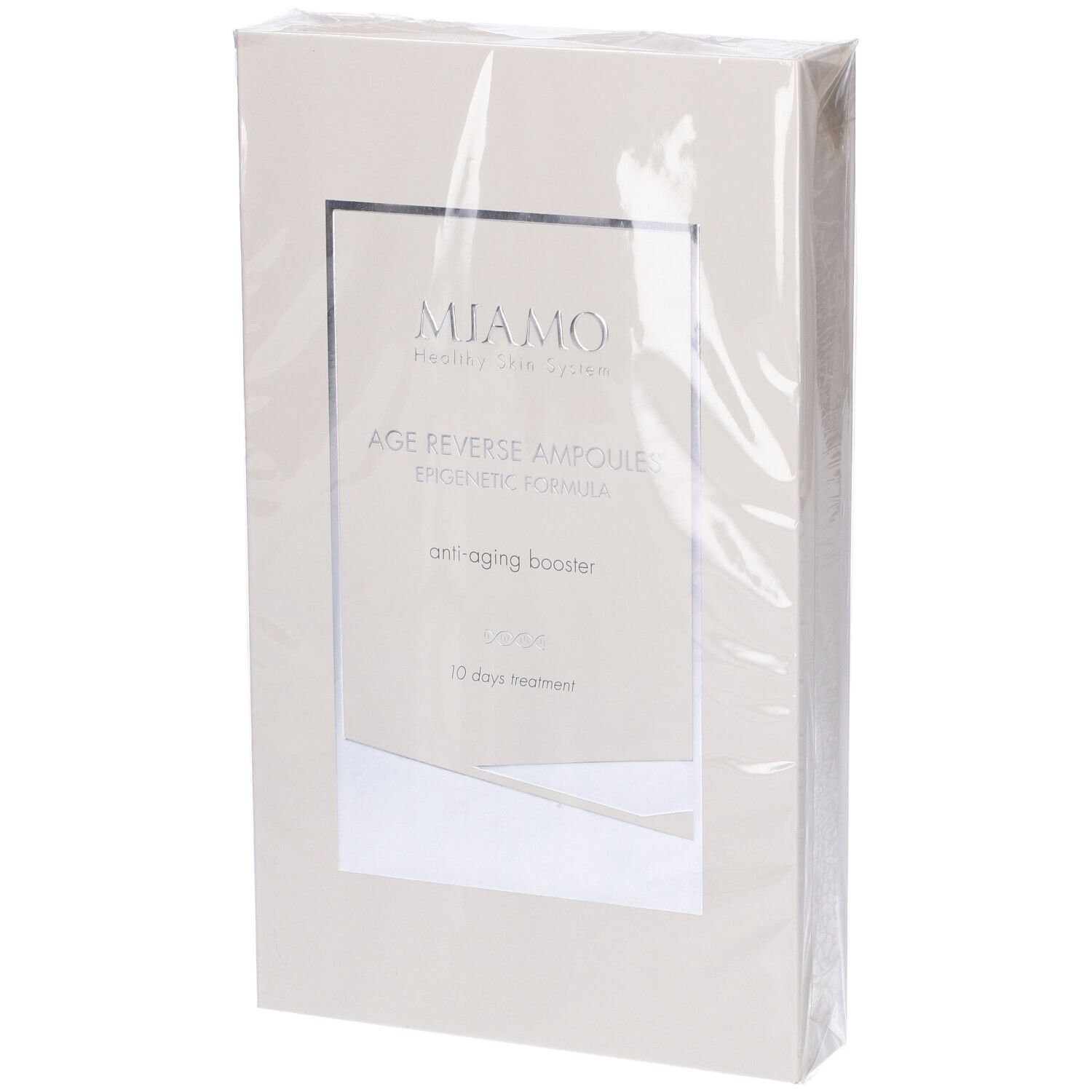 Confezione del prodotto in pellicola. Marchio Miamo, nome Age Reverse Ampoules. 10 giorni.
