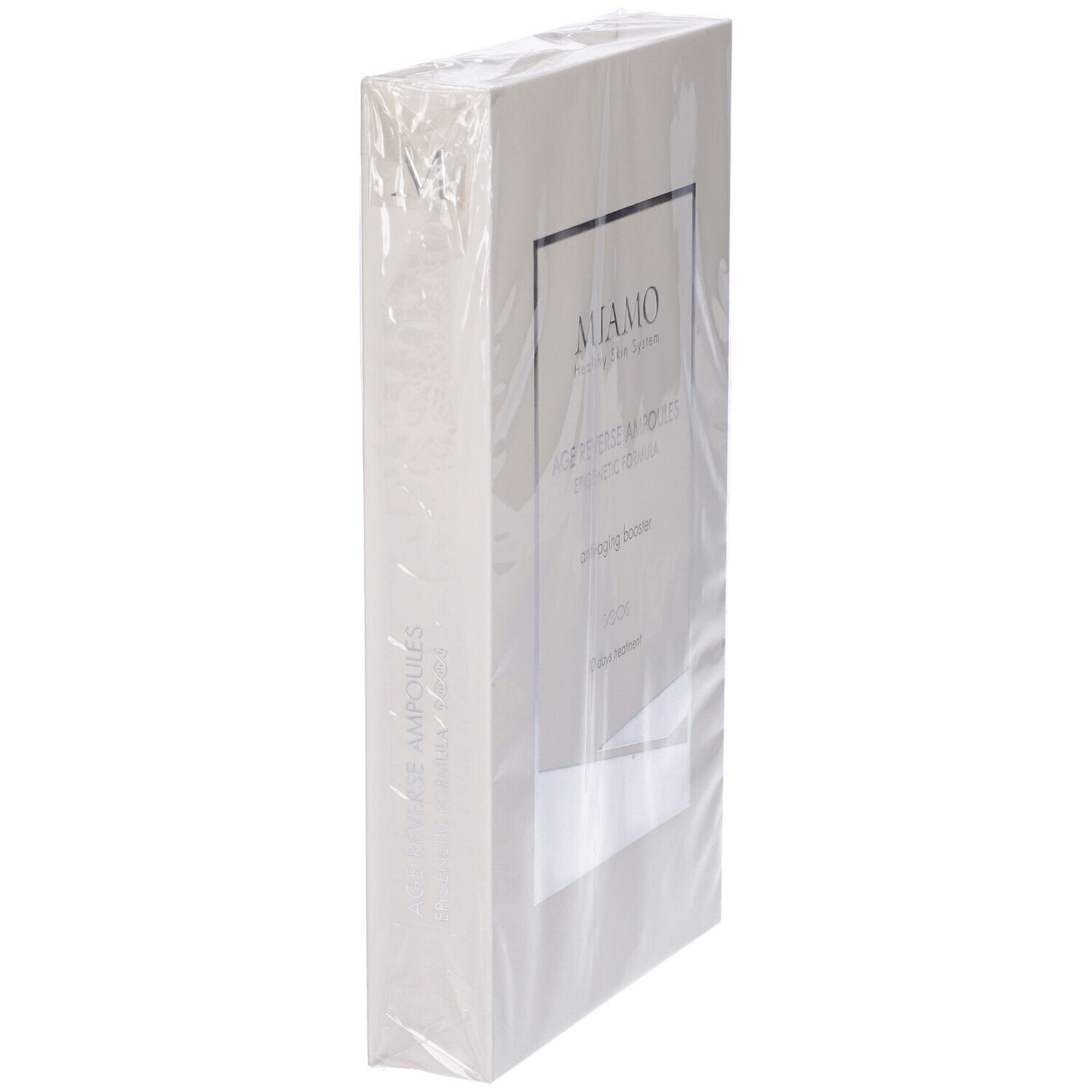 Confezione del prodotto in pellicola. Marchio Miamo, nome Age Reverse Ampoules. Vista laterale.