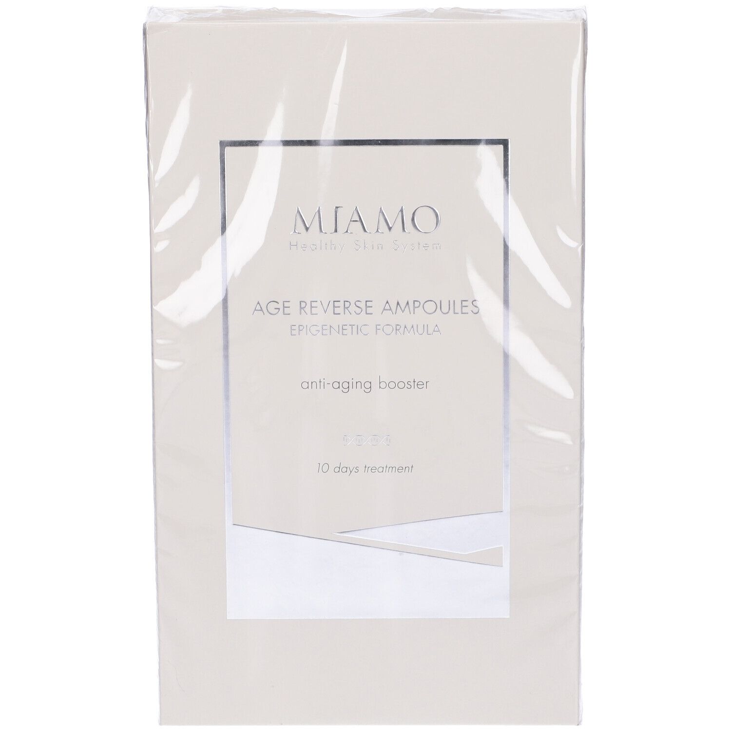 Confezione del prodotto in pellicola. Marchio Miamo, nome Age Reverse Ampoules. 10 giorni.