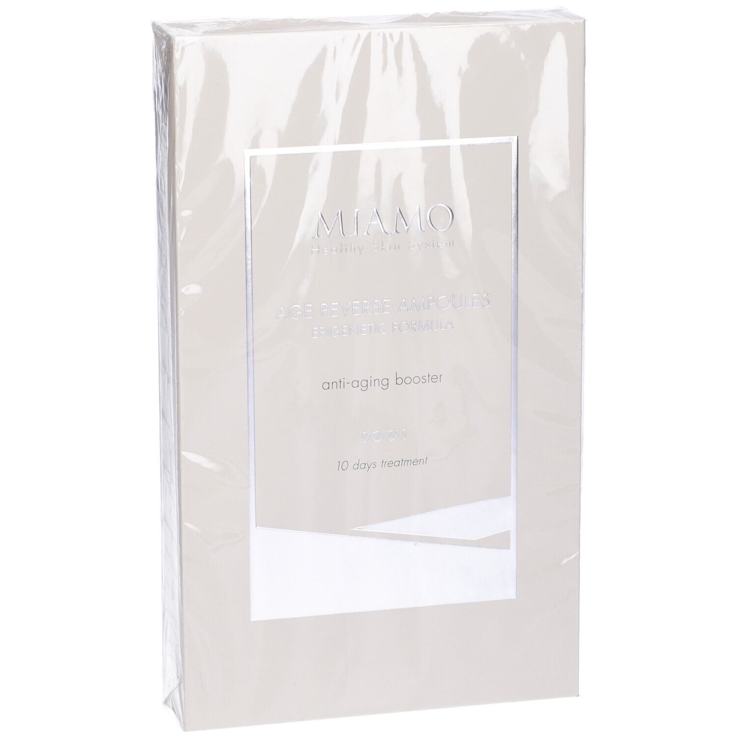 Confezione del prodotto in pellicola. Marchio Miamo, nome Age Reverse Ampoules. 10 giorni.