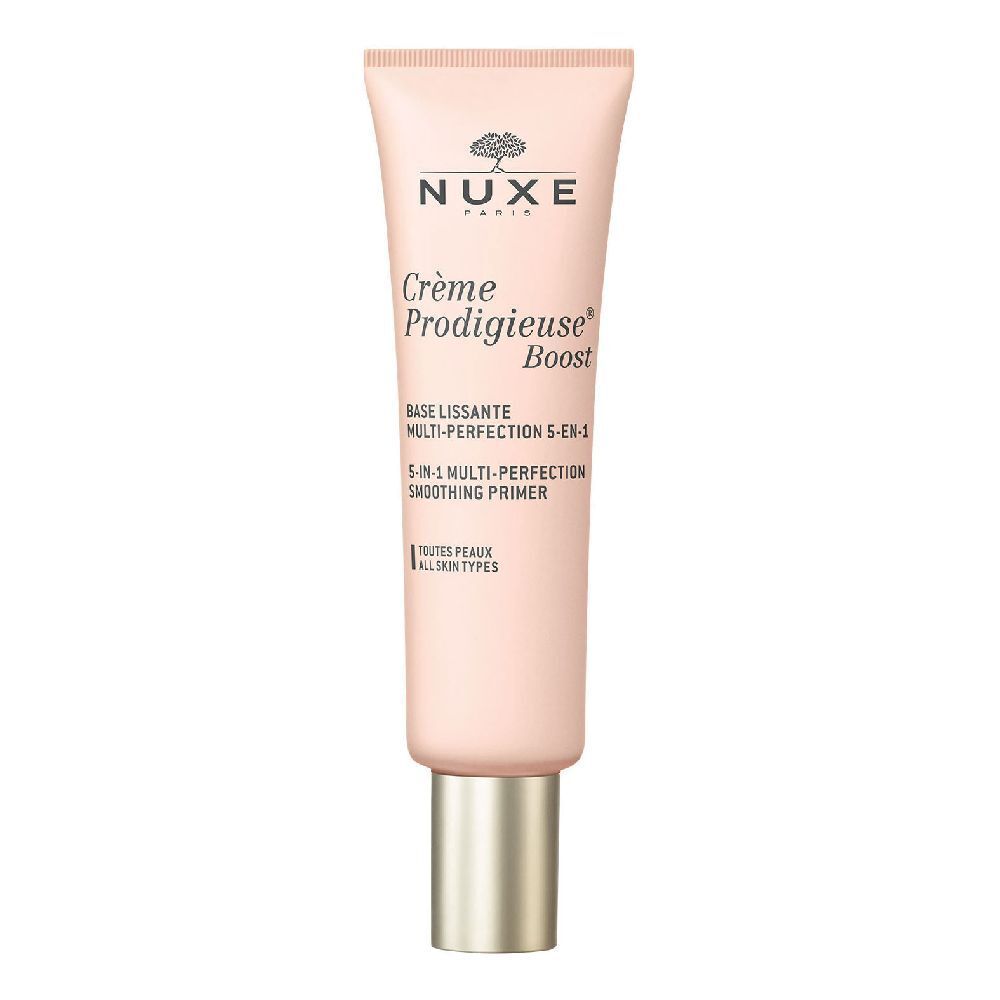 Tube rose avec bouchon argenté. Inscription NUXE, Crème Prodigieuse Boost, Base Lissante, Multi-Perfection, Smoothing Primer. Tous types de peaux.