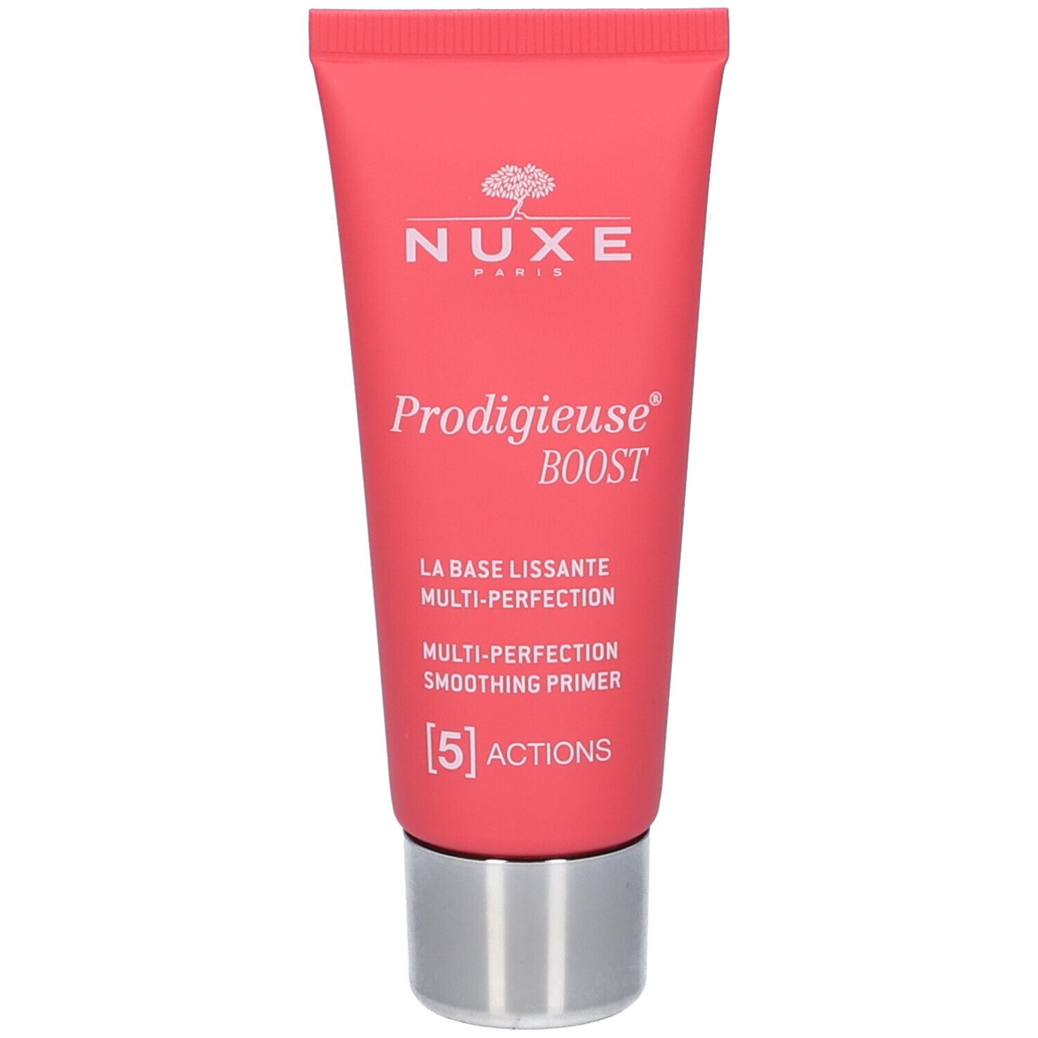 Tube rouge avec bouchon argenté. Inscription NUXE, Prodigieuse Boost, Base Lissante, Multi-Perfection, Smoothing Primer. 5 Actions.