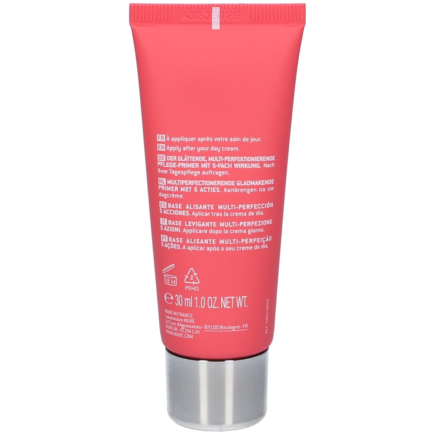 Dos du tube rouge. Texte en plusieurs langues. Volume : 30 ml. Contient des informations sur l'utilisation et les ingrédients.