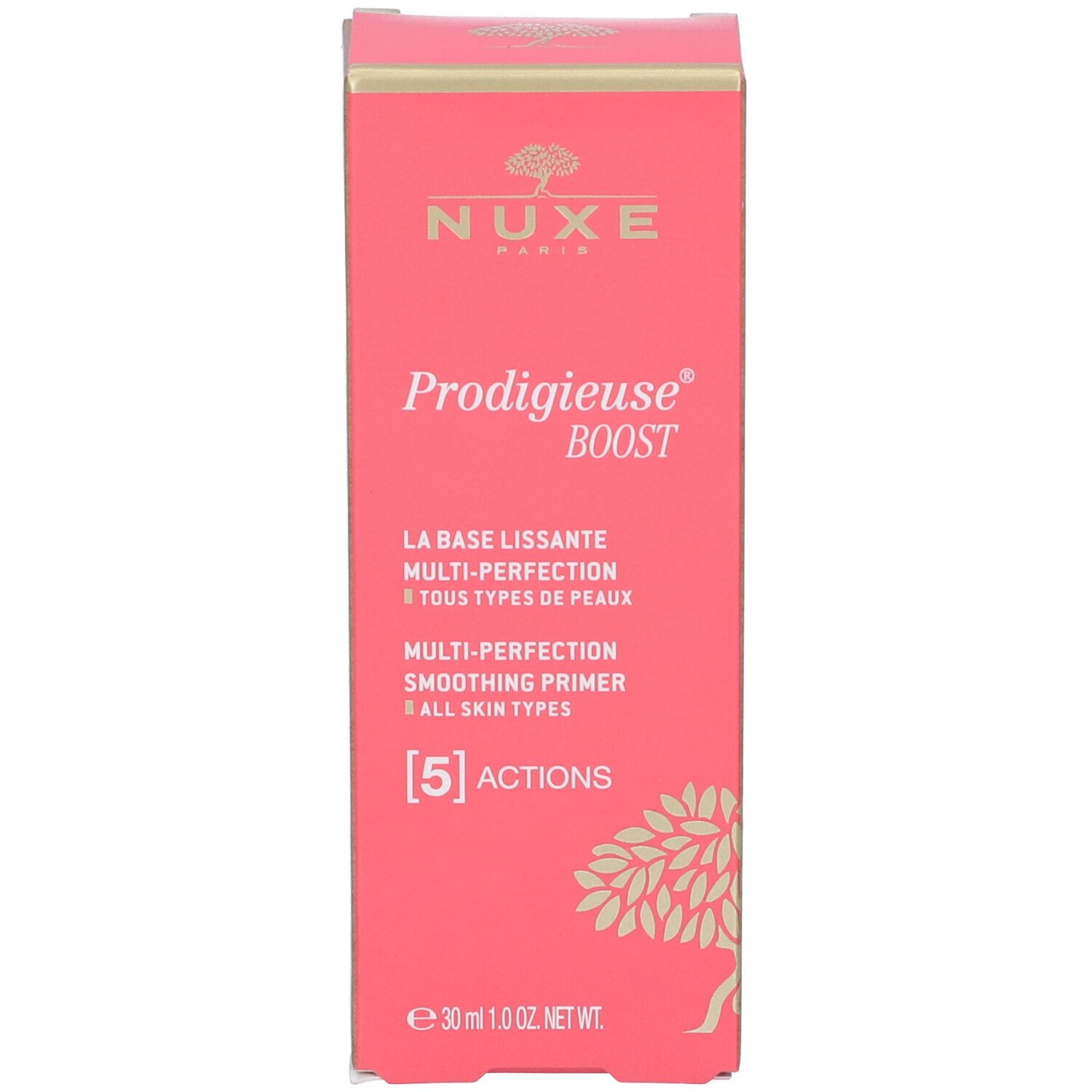 Boîte rouge. Inscription NUXE, Prodigieuse Boost, Base Lissante, Multi-Perfection, Smoothing Primer. 5 Actions. Volume : 30 ml.